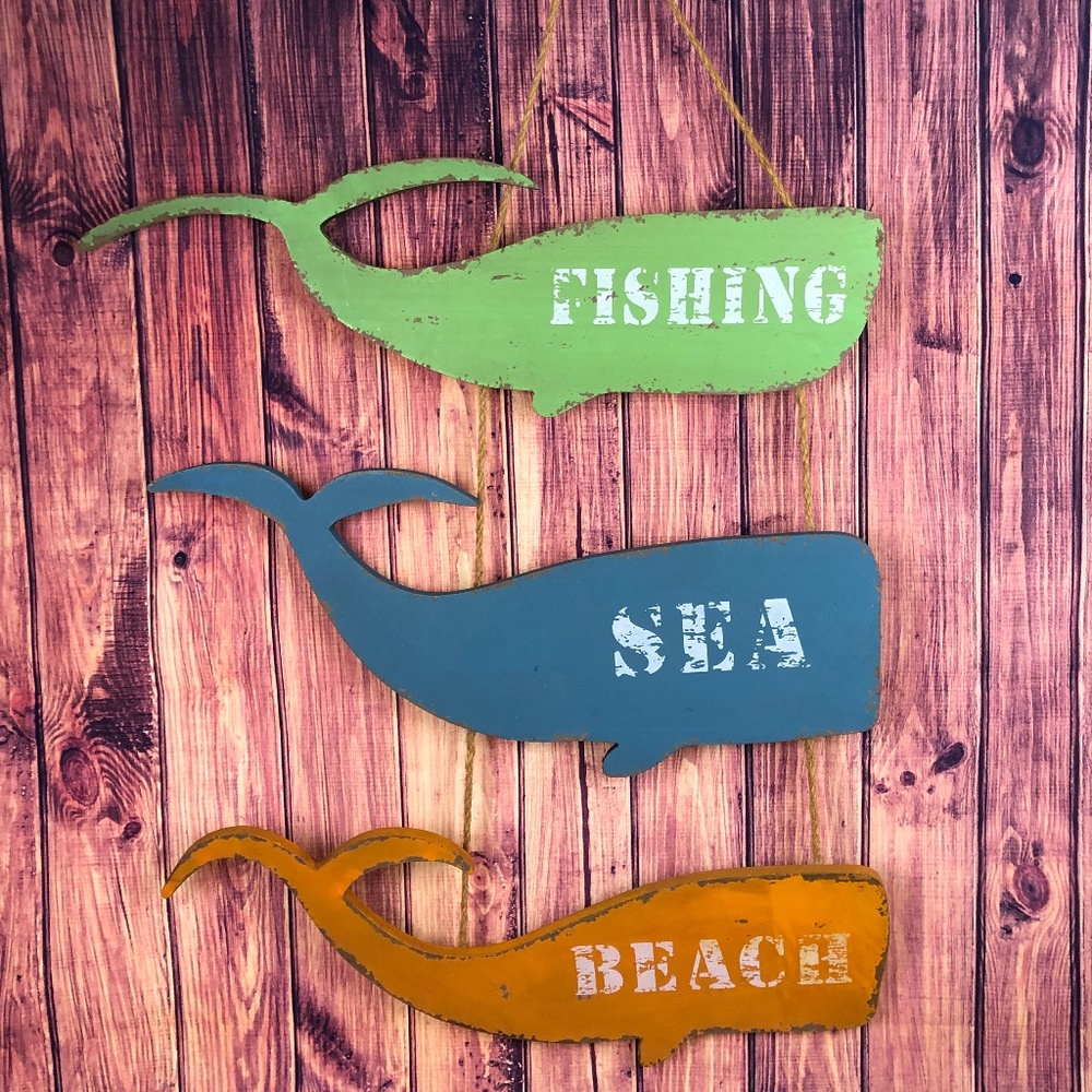 Tropical 3 Whale Wood Hanging Sign *NWOT